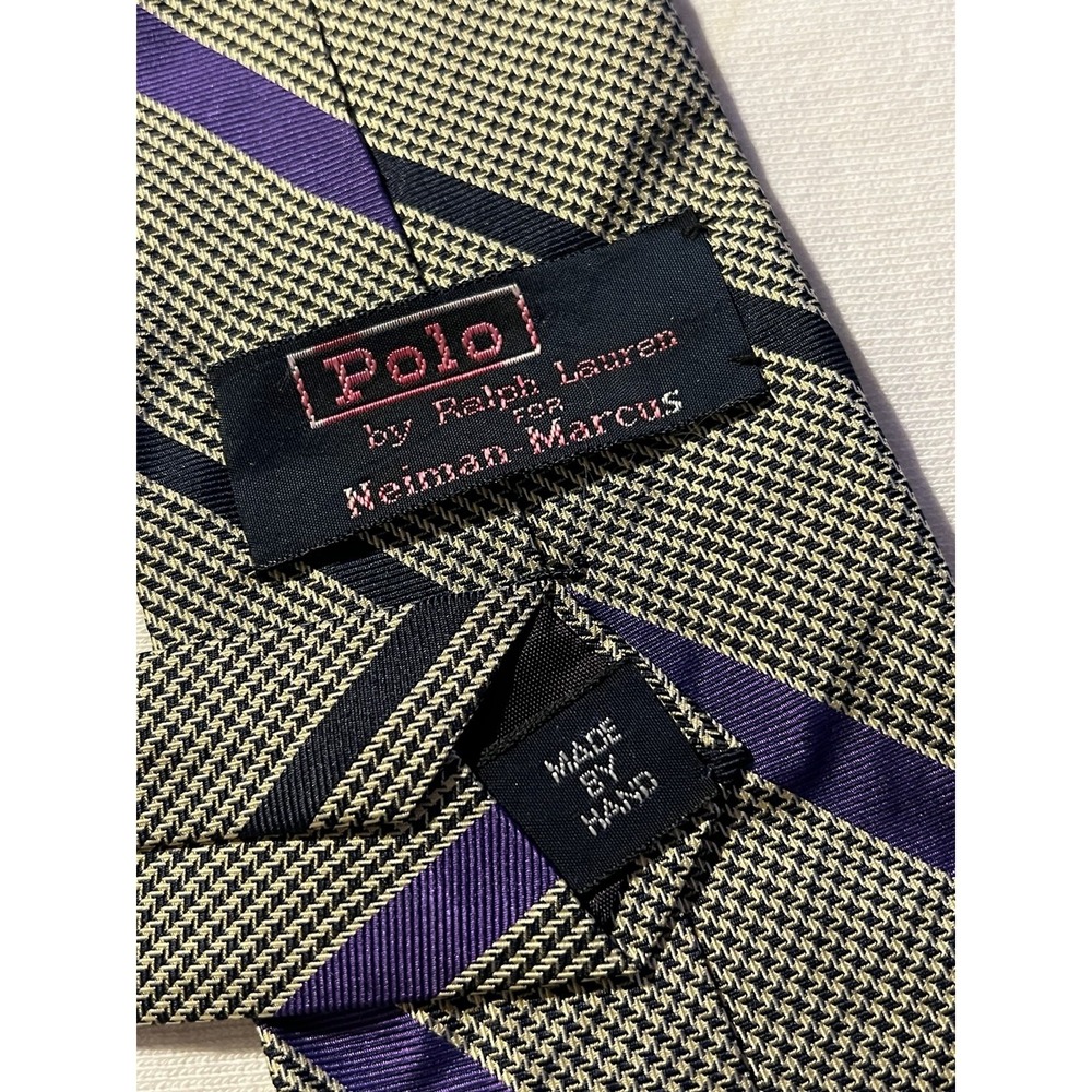 Polo Ralph Lauren Neiman Marcus Vintage Purple Striped Houndstooth Silk Tie Repp